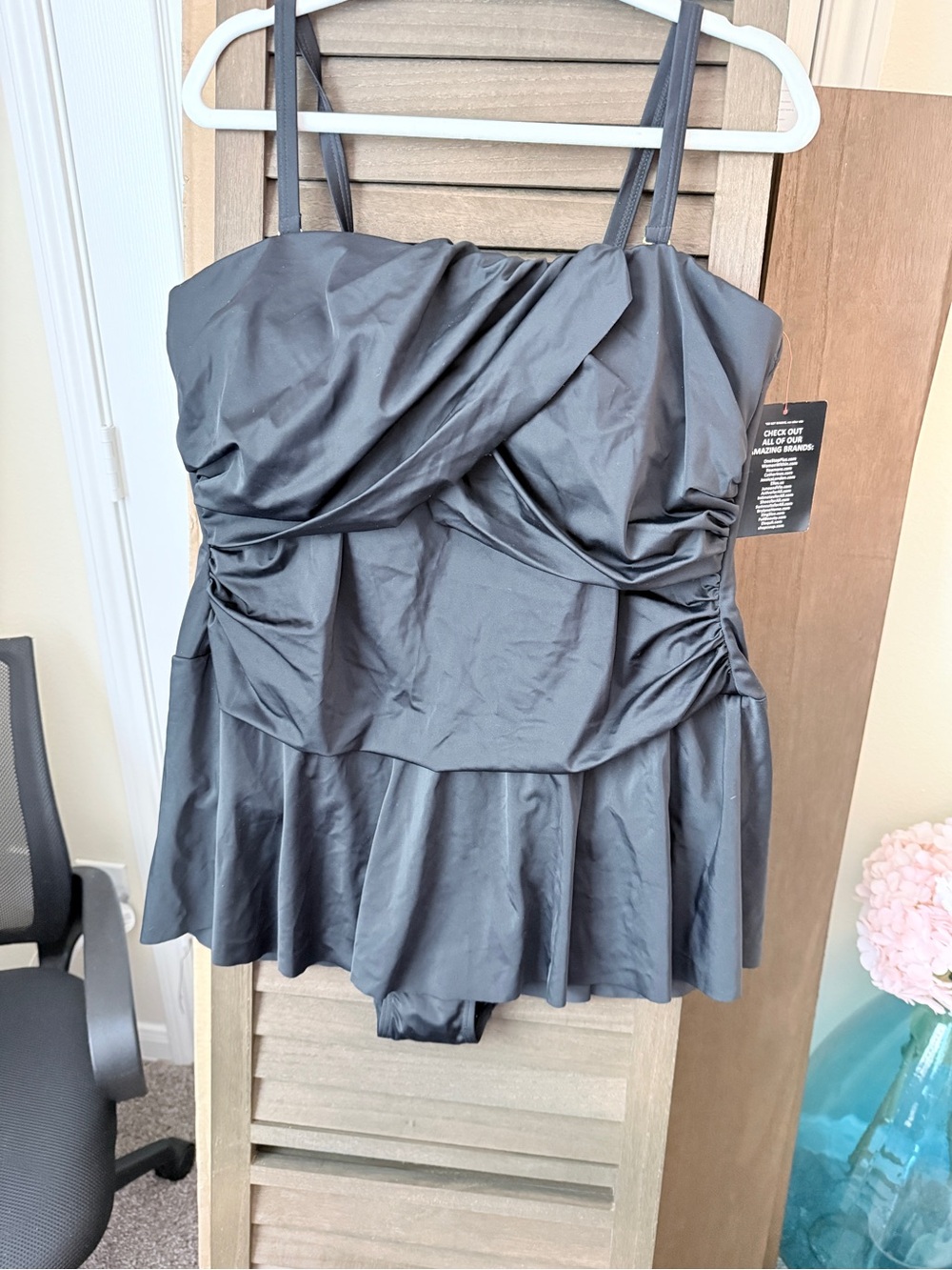 Black Ruched Swimdress with Skirted Bottom